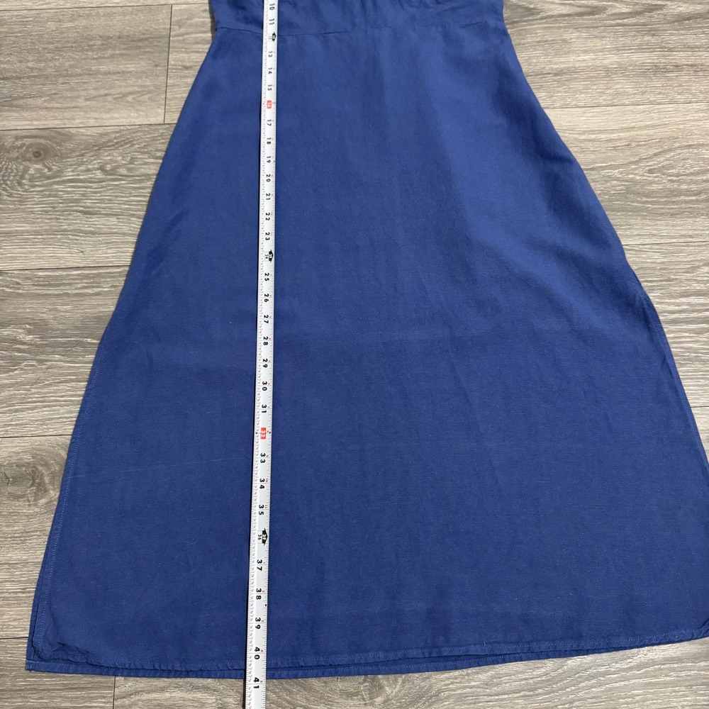Adeline Cottagecore Blue Linen Blend Midi Dress L Bow Sweetheart Neck Smocked - Picture 10 of 13